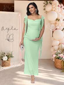 JustVH Maternity Ruffle Collar Maxi Dress, Suitable For Baby Shower Photography Fall - Mint Green - View 1
