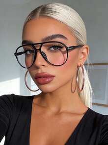 1 Pair Women's Large Frame Double Bridge Toad Transparent Glasses, Retro Transparent Glasses, Casual Fashion Glasses, Suitable For Daily Wear And Work Commute, Beach Accessory, Retro Y2K Basic Style, Business Casual Gift - Black - View 2