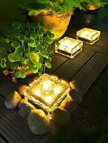 1/4/8PCS Outdoor Solar Ground Lights, Warm White Small/Large Garden Decor LED Night Lights, Portable Stair Step Lights, White Transparent Glass Shell, Built-In Rechargeable Battery, Embedded Solar Panel Charging, Suitable For Ground, Stairs, Balcony, Garden, Street, Path, Tea Table, Indoor Bed Decor Lighting Fixtures - Warm Light - Ice Brick Lamp - View 8
