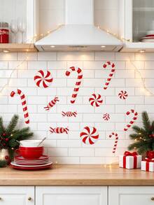 10pcs/Sheet Christmas Candy Decorative Wall Stickers, Window Decals, Red And White Candy Cane Peppermint Pattern PVC Wall Stickers, Self-Adhesive Removable Waterproof Decorative Stickers, Suitable For Living Room, Bedroom, Home Decor, Holiday Atmosphere Decoration Candy Stickers - Multicolor - View 2