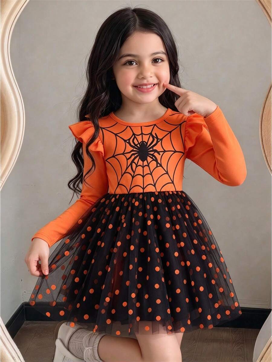 Young Girls Spider Web Flutter Sleeve Dress, Polka Dot Mesh Tulle A-Line Fall Casual Party Dress - Orange - View 1