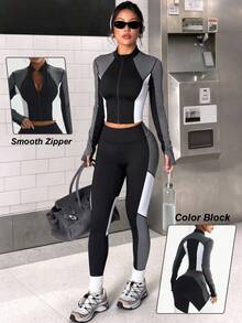 Women's Multi-Color Patchwork Fashion Slim-Fit Sports Long Sleeve & Long Pants Knit Yoga Set - Multicolor - View 6
