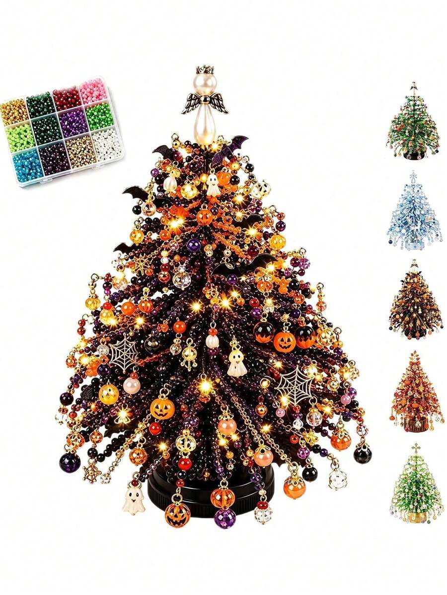 1 Set DIY Beaded Halloween Christmas Tree Kit, Handmade Mini Desktop Halloween Beaded Artwork, Shiny Holiday Decoration, Crystal Beaded Halloween Christmas Tree Making Set, Holiday Desktop Ornament, Halloween Gift - Multicolor - View 1
