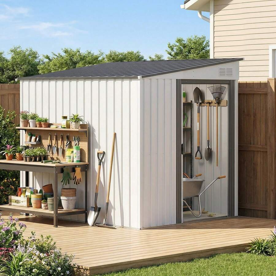 Capanno Attrezzi In Metallo 1.5x2m Con Base, Porta Scorrevole E Tetto Inclinato, Bianco - A - View 1