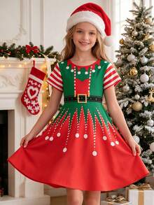 Girls' Elegant Casual Round Neck Cavalry Print Dress, Christmas, Party, Daily Wear - Multicolor - View 2