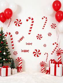 10pcs/Sheet Christmas Candy Decorative Wall Stickers, Window Decals, Red And White Candy Cane Peppermint Pattern PVC Wall Stickers, Self-Adhesive Removable Waterproof Decorative Stickers, Suitable For Living Room, Bedroom, Home Decor, Holiday Atmosphere Decoration Candy Stickers - Multicolor - View 1