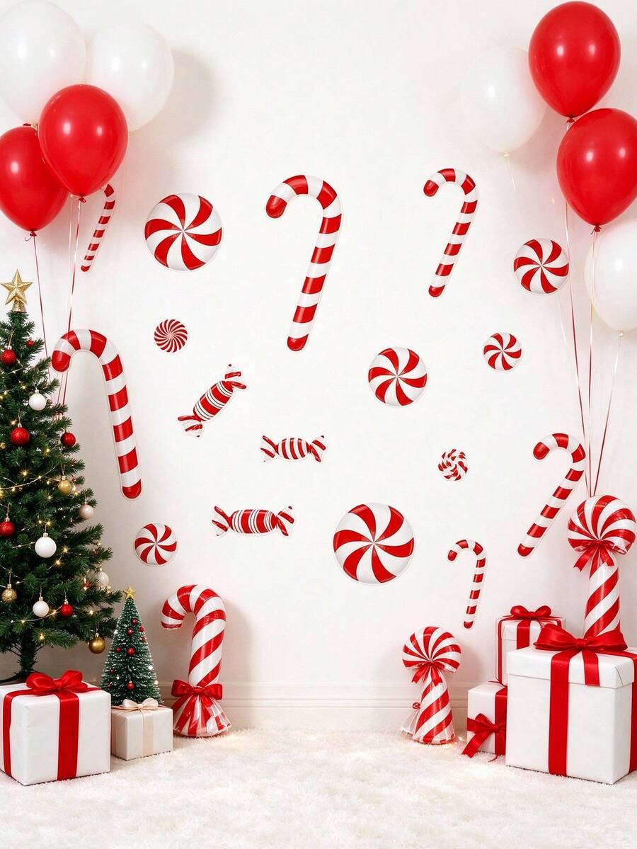 10pcs/Sheet Christmas Candy Decorative Wall Stickers, Window Decals, Red And White Candy Cane Peppermint Pattern PVC Wall Stickers, Self-Adhesive Removable Waterproof Decorative Stickers, Suitable For Living Room, Bedroom, Home Decor, Holiday Atmosphere Decoration Candy Stickers - Multicolor - View 1