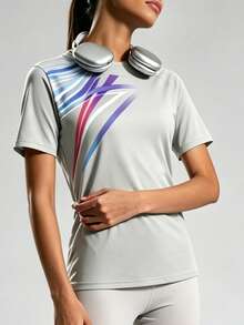 mulinsen 1pc Women's Quick Dry T-Shirt, Elastic Breathable Short Sleeve Sportswear, Suitable For Women's Fitness Training In Summer - Grey - View 6