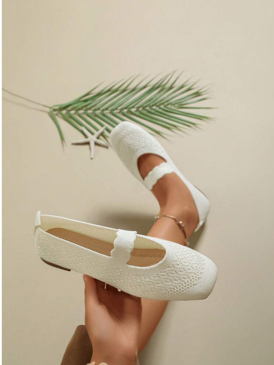 Women's Fashion Casual Elegant Flat Square Toe Ballet Shoes Solid Color Elegant Geometric Pattern Flat Shoes Party All Season - Off White - View 1