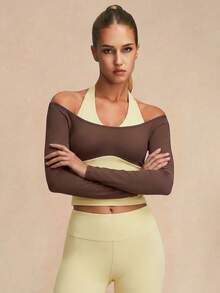 VVX Women Halter Long Sleeve Colorblock Yoga Top Gym Workout Pilates Autumn Winter Athleisure Squishy Going Out Tops - Brown With Yellow Interior - View 4