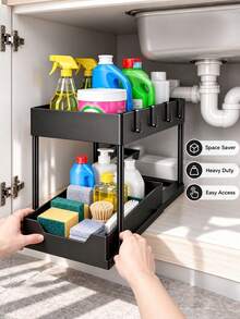 Minimalist Double-Layer Pull-Out Storage Rack, Kitchen Under Sink Bathroom No-Drill Organizer, Space-Saving, With Detachable Hooks, Raised Edges, Suitable For Kitchen Sink, Bathroom Vanity, Office Desk, Home Decor, Christmas, Holiday Essential Kitchen Supplies - Multicolor - View 5