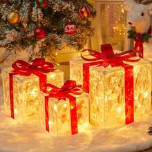Glowing Christmas Gift Box (3-Piece Set) - Warm White LED Transparent Acrylic Decoration With Red Ribbon Bow; Suitable For Indoor And Outdoor Holiday Decor, IP66 Waterproof, With 8 Lighting Modes; Perfect For Porch, Garden, Yard, Fireplace, Christmas Tree, Party And Wedding Decoration - Battery-powered Version - View 8