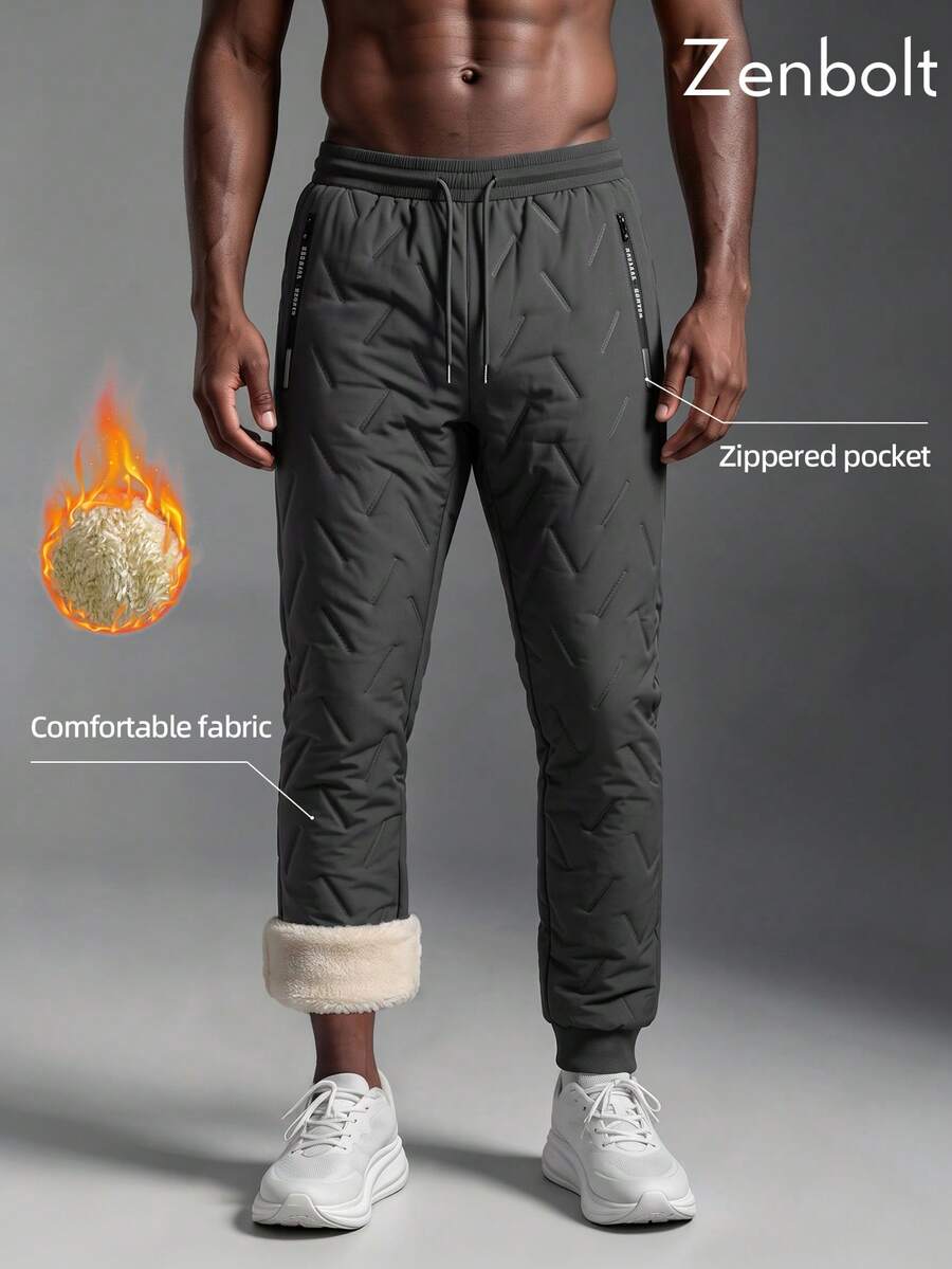 ZenBolt Men's Winter Fleece Lined Quilted Joggers, Elastic Drawstring Waist And Cuffed Hem, Zipper Pockets, Outdoor Casual Style - Grey - View 1