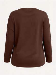 Women's Plus Size Brown Basic Long Sleeve Top, Knitted Slim Fit, Autumn Daily Wear - Coffee Brown - View 6