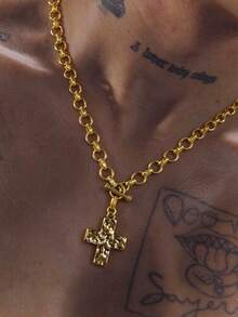 1pc Men's Pendant Necklace, Gold Metal OT Clasp Hammered Cross Pendant, Exquisite Vintage Versatile Necklace, Autumn Commute Outfit - Gold - View 3