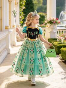 4pcs/Set Girls Floral Pattern Green Short Sleeve Dress, Crown, Magic Wand, Handbag Costume Set, Children Role Play Outfit For Christmas, Halloween, Carnival Party - Green - View 1