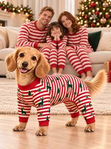 1pc Christmas Dog Pajamas, Red And White Candy Cane Striped Four-Legged Pet Jumpsuit, Printed With Reindeer, Christmas Tree And Snowflake Patterns, Ribbed Cuffs, Suitable For Small To Medium Dogs And Puppies Holiday Sleepwear, M/L Size - Multicolor - View 1