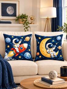 1pc/4pcs Astronaut Print Pillow Case, Suitable For Living Room Sofa Bedroom Daily Home Decor, Applicable For Daily Home Decor Throw Pillows, Pillow Insert Not Included - Multi-color a - View 4