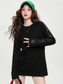 JUTU Women's Autumn Round Neck Loose Fit T-Shirt, Lace Patchwork Long Sleeve Top, Korean Casual Daily Commute Versatile Style - Black - View 1