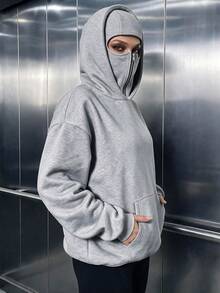 Women's Casual Fleece Balaclava Sweatshirt With Double Hood, Zipper Pockets, Loose Fit, Face-Covering, Autumn/Winter Everyday Wear - Flower Gray - View 7