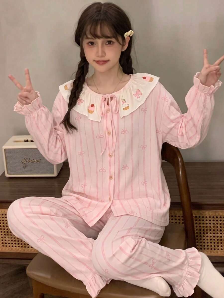 2pcs/Set Women's Pajamas Loungewear Set, Bow Print Frill Trim Fashion Cardigan Long Sleeve Pants, Easy Care Fabric - Pink - View 1
