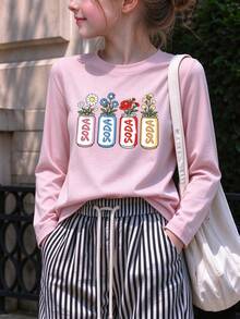 Girls' Long Sleeve T-Shirt, Cute Soda Can Floral Pattern Casual Top, Suitable For Autumn - Pink - View 2