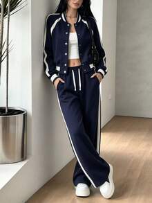 Women's Fashion 2 Pieces Sports Set, Long Sleeve Baseball Jacket With Straight Leg Pants, Contrast Stripe Detail, Slightly Elastic Fabric, Stylish Outfit - Navy - View 4