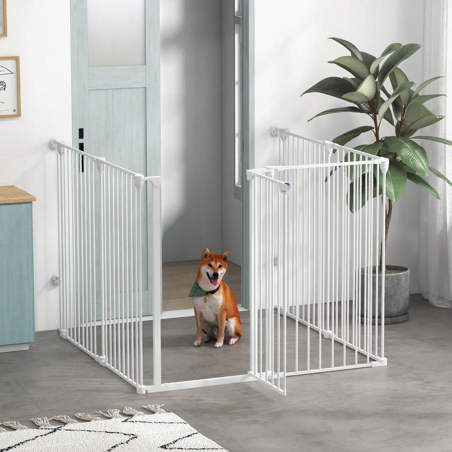 Barrière De  Parc Enclos Chien Pliable Modulable 6 Panneaux Avec Porte Hauteur 100 Cm Blanc - A - View 1
