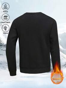 Men's Fleece Lined Thick Solid Color Pullover Sweatshirt, Simple Versatile Casual Warm Long Sleeve Top, Autumn/Winter - Black - View 2