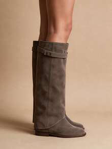2026 New Women's Pointed Toe Wide Shaft Straight Leg Mid-Calf Boots With Metal Buckle, Plus Size Chunky Heel Trouser Boots - Khaki - View 4