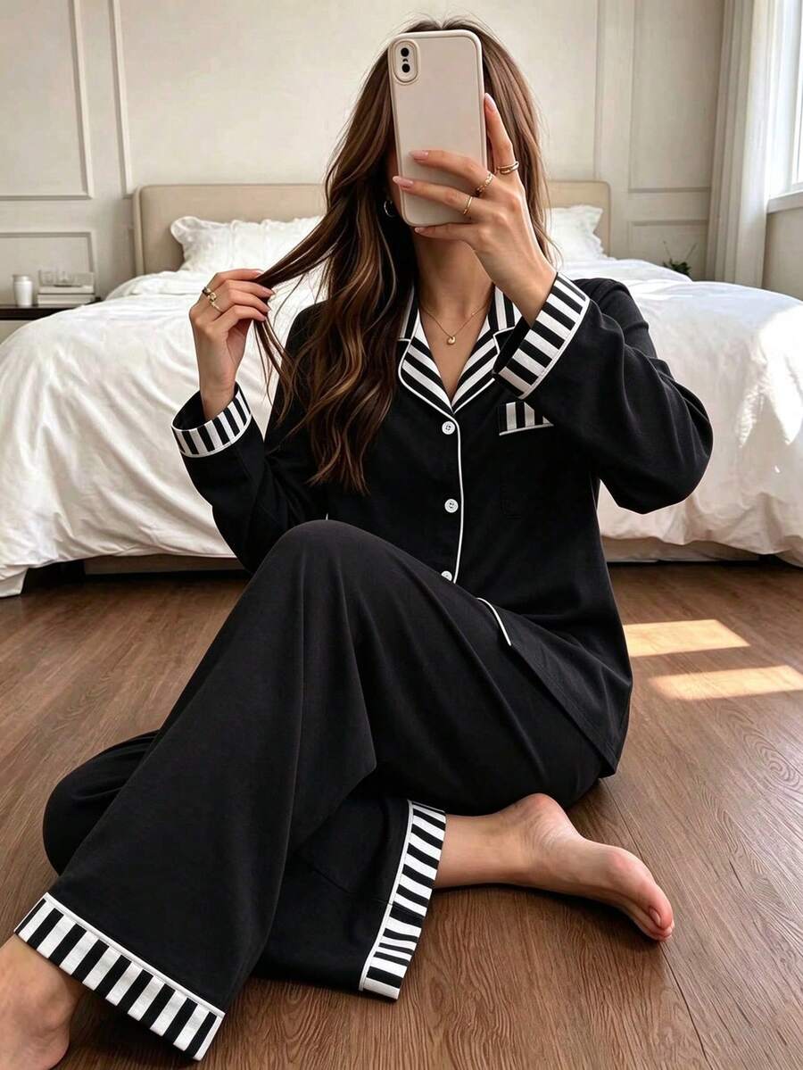 Women's Striped Pajama Set, Long Sleeve Notch Collar Top And Long Straight Leg Pants 2-Piece Set, Home Casual Wear, Spring Autumn Winter - Black - View 1