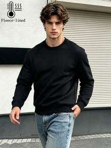 Men's Crew Neck Fleece Lined Sweatshirt, Casual Sports Long Sleeve Top, Suitable For Daily Wear, Essential Item For Autumn/Winter - Black - View 2