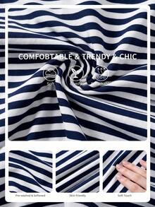 Classic Striped Y2K Women's Summer Versatile Casual Round Neck Short Sleeve Minimalist T-Shirt, Suitable For Vacation, Beach - Navy Blue - View 5