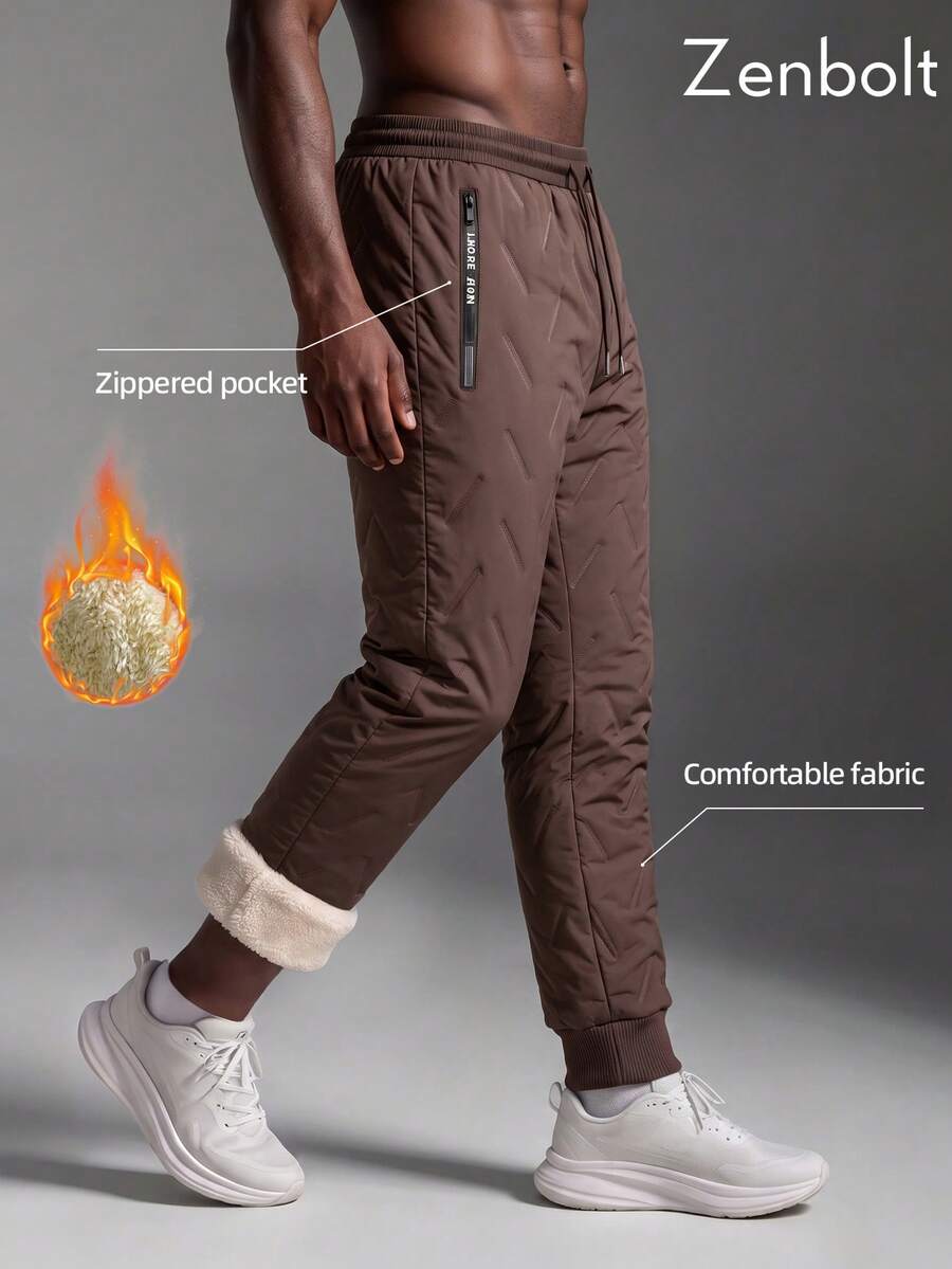 ZenBolt Men's Winter Fleece Lined Quilted Joggers, Elastic Drawstring Waist With Cuffed Hems, Zipper Pockets, Outdoor Casual Style - Brown - View 1