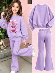 Teen Girls Casual Bow & Letter Print Crew Neck Sweatshirt + Flare Leggings 2pcs Set, Autumn/Winter Outfit, Homecoming Look - Mauve Purple - View 2