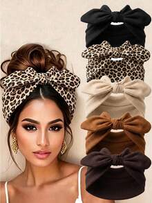5/1pc Women Large Bow Knotted Turban Headwrap, Mixed Leopard Pattern Soft Stretch Wide Headband, Boho Hair Band For Washing Face, Party & Travel - Multicolor - View 8