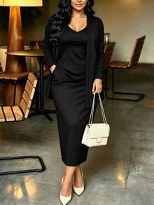 [Elegant Women's Dress Set]Solid Color Minimalist Loose Versatile Women's Cardigan Jacket + Soft Comfortable Inner Layer Round Neck Sleeveless Tank Top + Elegant Skirt, Autumn Women's 3 Pieces Set - Black - View 1