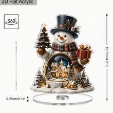 1件復古聖誕雪人壓克力桌面裝飾品，2D印花雪人搭配冬季小鎮場景旋轉裝飾，聖誕桌面裝飾禮物 - D - 查看 5