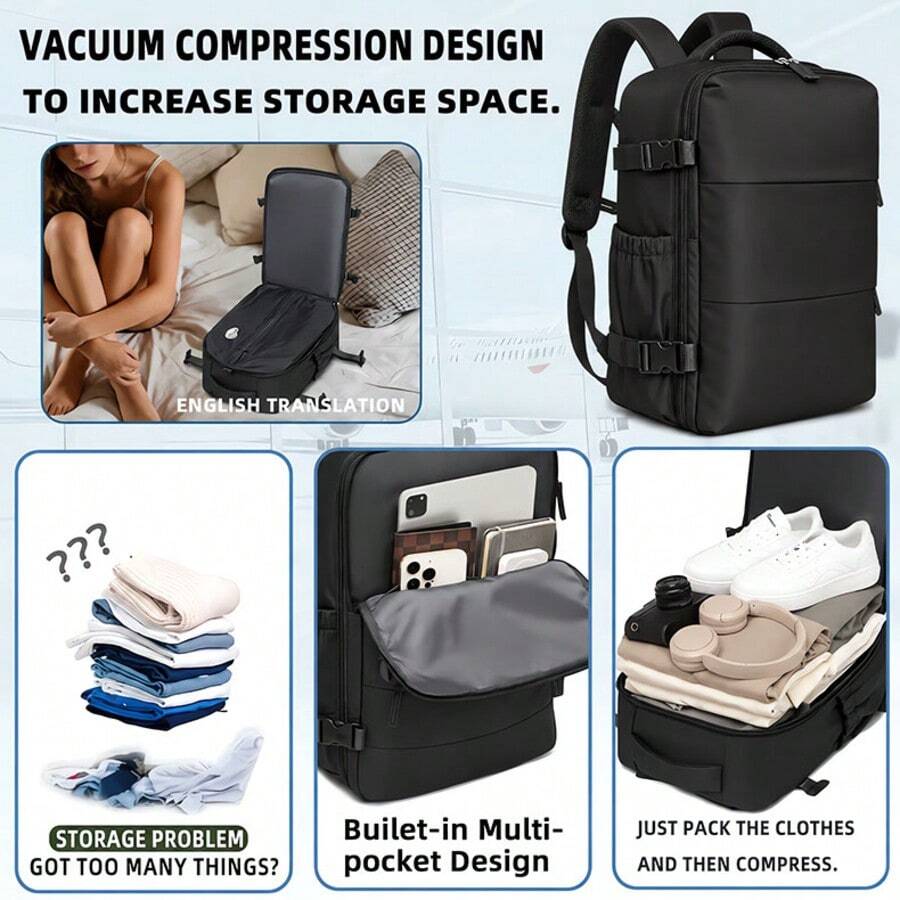 mokashu Vacuum Compression Backpack - Nylon, Multi-Pocket Storage, Hiking, Camping And Business Travel, Space-Saving Design, Durable Zipper Closure, Travel Backpack, Suitable For Air Travel - Black - View 1