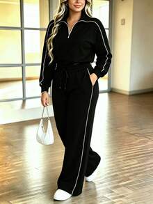 Plus Size Women WINTER Casual Sports Contrast Striped Side Long Sleeve Tops And Loose Wide Leg Pants Set,Back To School - Black - View 1