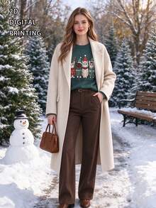 Women's Plus Size Christmas Sweater, Four Cats Holiday Pattern Design, Long Sleeve Crew Neck Regular Fit, Ideal Choice For Autumn/Winter Outfits - Green - View 2