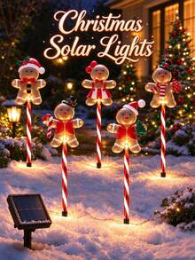 5pcs Christmas Solar Gingerbread Man Lights, Outdoor Waterproof Candy Cane Pathway Lights, Suitable For Garden, Lawn And Flower Bed Decoration, Create Christmas Atmosphere, Suitable For Christmas Tree Decoration And Christmas Party Atmosphere Lighting - Gingerbread Man - View 1