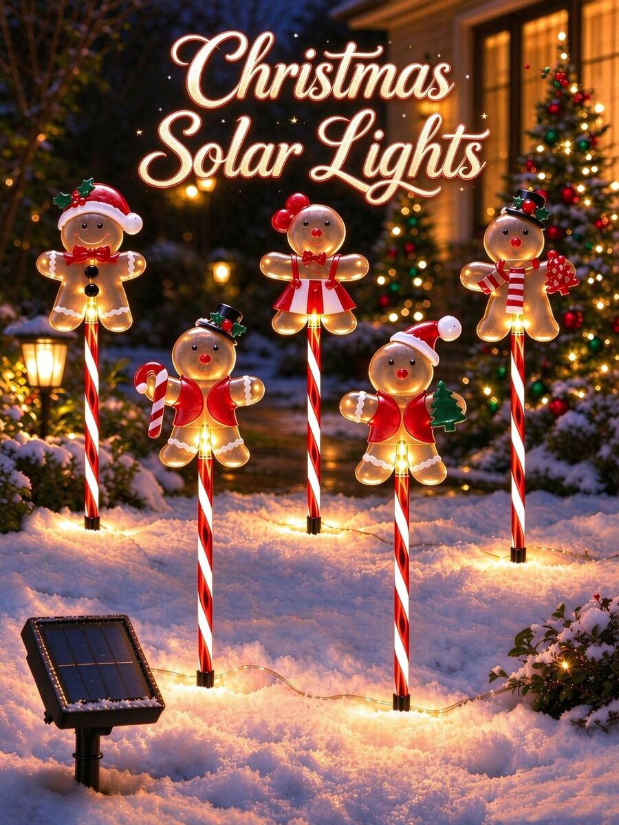 5pcs Christmas Solar Gingerbread Man Lights, Outdoor Waterproof Candy Cane Pathway Lights, Suitable For Garden, Lawn And Flower Bed Decoration, Create Christmas Atmosphere, Suitable For Christmas Tree Decoration And Christmas Party Atmosphere Lighting - Gingerbread Man - View 1