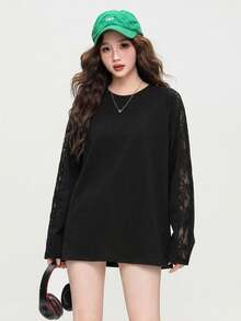 JUTU Women's Autumn Round Neck Loose Fit T-Shirt, Lace Patchwork Long Sleeve Top, Korean Casual Daily Commute Versatile Style - Black - View 3