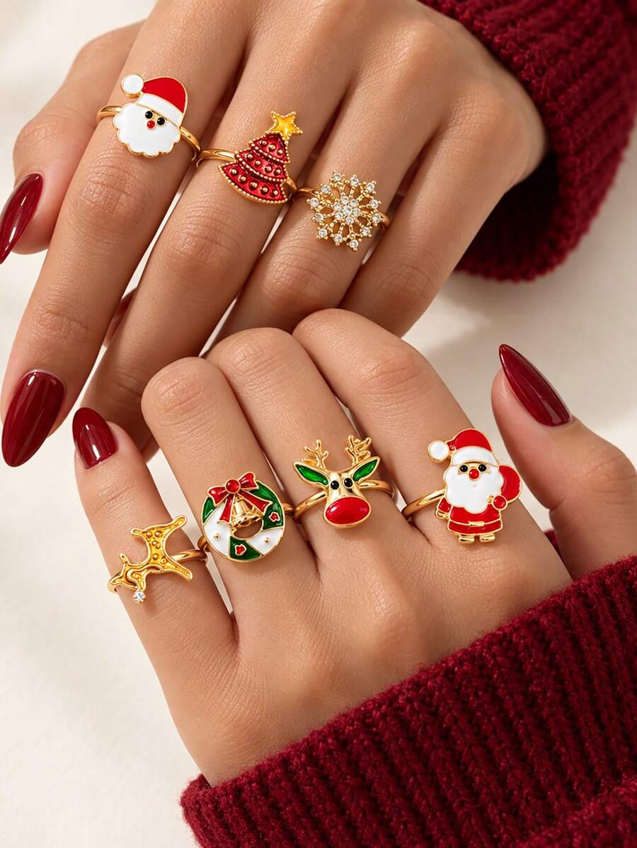 7pcs Christmas Cartoon Oil Drop Ring Set, Santa Claus, Reindeer, Snowflake, Christmas Tree Gold Open Finger Rings, Women's Holiday Jewelry - Multicolor - View 1