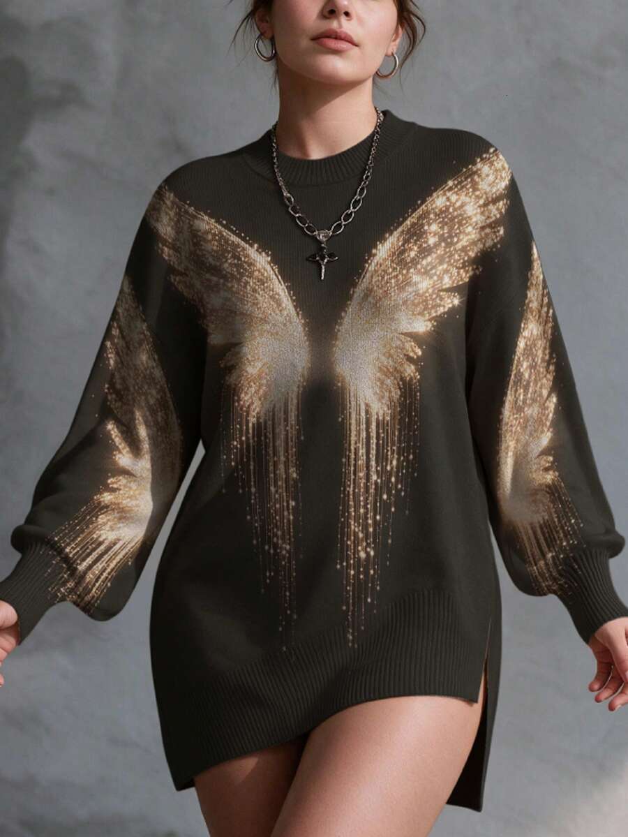 Women's Plus Size Sweater, Asymmetrical Hem, Lantern Sleeves, Angel Wings Print, Autumn/Winter Clothing - Multicolor - View 1