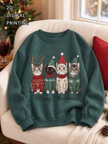 Women's Plus Size Christmas Sweater, Four Cats Holiday Pattern Design, Long Sleeve Crew Neck Regular Fit, Ideal Choice For Autumn/Winter Outfits - Green - View 5