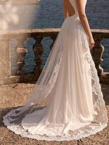 1pc Vintage Lace Tulle Bridal Overskirt, Detachable Wedding Train Skirt, Church Wedding & Photo Shoot Accessory - White - View 3