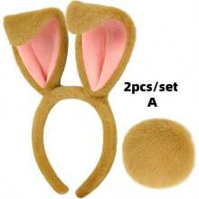 2pcs Christmas Easter Party Performance Props Holiday Costume Headband Rabbit Ears Plush Christmas Headband Rabbit Tail Set, Suitable For Christmas And Various Holiday Theme Party Costume Props, Also Can Be Worn Daily - Multicolor - View 12
