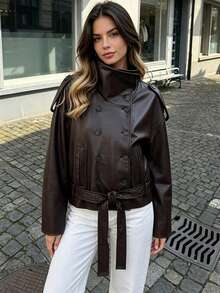 DEEKA Autumn/Winter New Women's European And American Style Fashion Minimalist Versatile Long Sleeve Stand Collar Belted Jacket - Burgundy - View 1